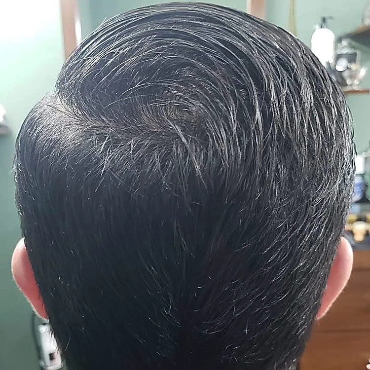 Corte clásico de cabello oscuro visto desde la nuca, parejo y bien delineado
