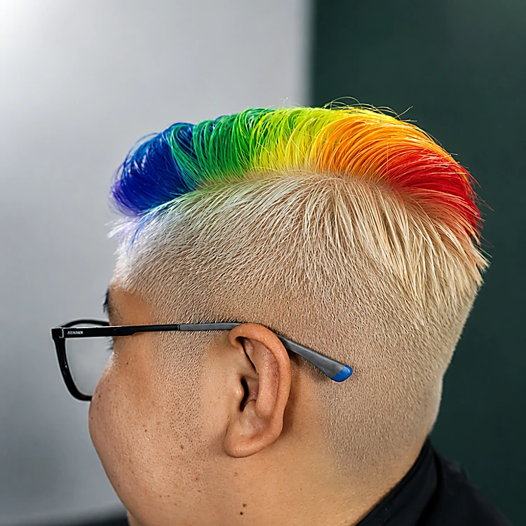 Cabello decolorado casi blanco con una cresta pintada en los colores del arcoíris, visto de lado y de espaldas